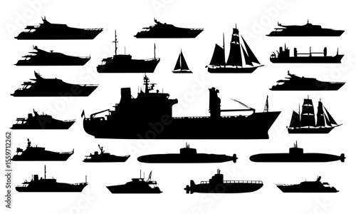 A comprehensive collection of diverse ship and boat silhouettes, ranging from yachts and sailboats to cargo vessels and submarines.