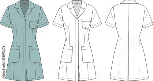 Technical fashion flat sketch of short sleeve women’s dress with pockets, front and back view, coat collar, tailored silhouette flat vector illustration