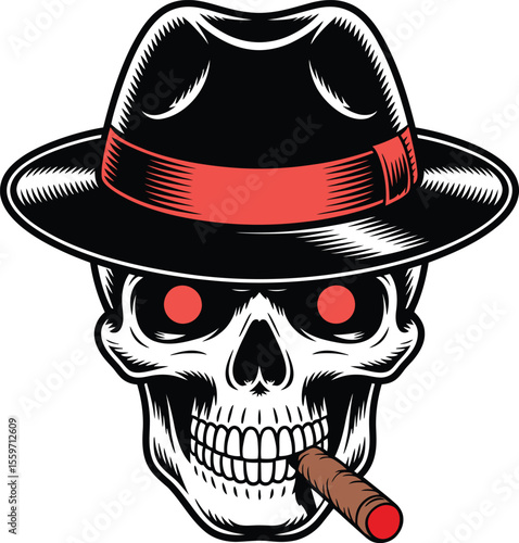 Black White Skull Wearing Fedora Hat Red Band Smoking Brown Cigar Illustration vector