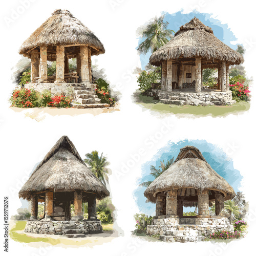 Traditional tropical stone gazebos with thatched roofs and open air columns, surrounded by lush plants, illustrated in soft tropical tones.

