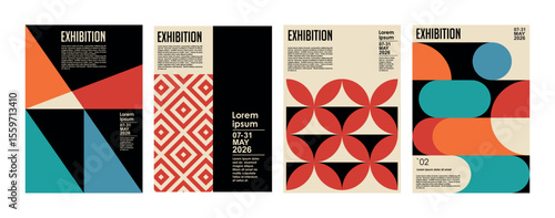 Art exhibition posters with abstract painting design. Vector vertical banners, invitation flyers to museum or gallery with trendy creative background with colorful patern blobs and drawn shapes.