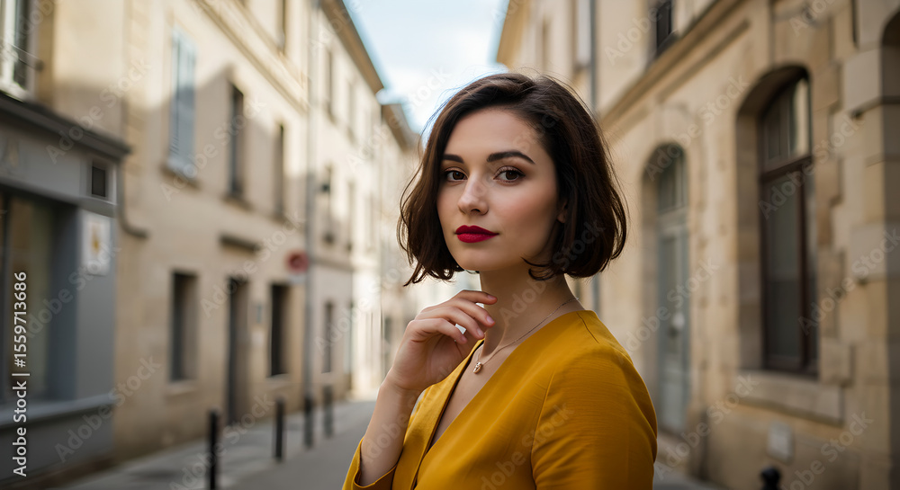 Confident Woman with Bob Haircut and Red Lips in a Sunny European Alley Confident Woman with Bob Haircut and Red Lips in a Sunny European Alley