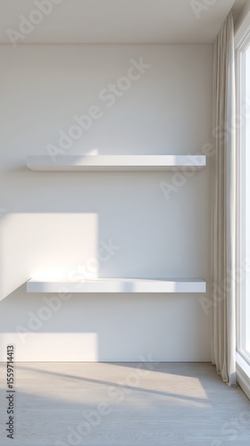 High quality photo of front view of empty shelf or counter on white wall background with natural light of window. Display of room shelves for showing minimal concept.