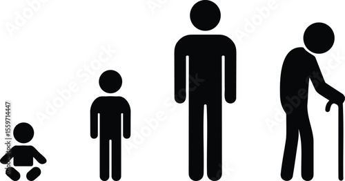 Minimal black stickman silhouette illustration showing four stages of human life baby, child, adult, and elderly person with cane