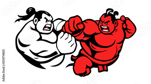 Cartoon Sumo Wrestlers Fighting – Traditional Japanese Wrestling Characters in Action Poses
