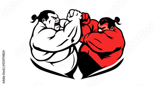 Cartoon Sumo Wrestlers Fighting – Traditional Japanese Wrestling Characters in Action Poses
