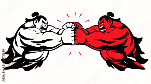 Cartoon Sumo Wrestlers Fighting – Traditional Japanese Wrestling Characters in Action Poses