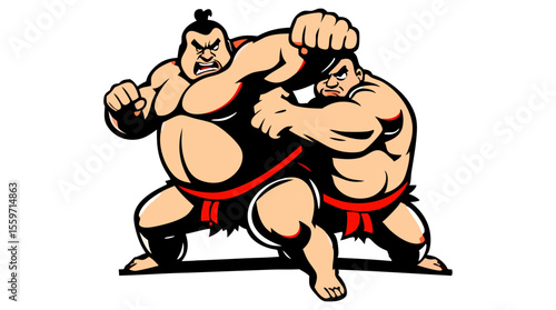 Cartoon Sumo Wrestlers Fighting – Traditional Japanese Wrestling Characters in Action Poses