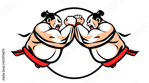 Cartoon Sumo Wrestlers Fighting – Traditional Japanese Wrestling Characters in Action Poses