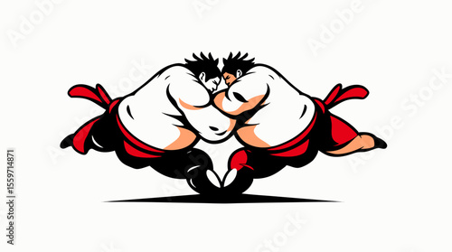 Cartoon Sumo Wrestlers Fighting – Traditional Japanese Wrestling Characters in Action Poses