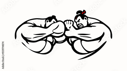Cartoon Sumo Wrestlers Fighting – Traditional Japanese Wrestling Characters in Action Poses