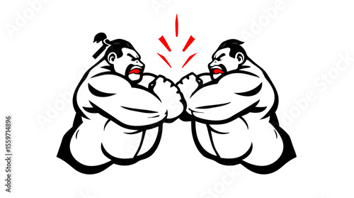 Cartoon Sumo Wrestlers Fighting – Traditional Japanese Wrestling Characters in Action Poses