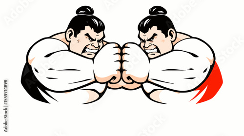 Cartoon Sumo Wrestlers Fighting – Traditional Japanese Wrestling Characters in Action Poses