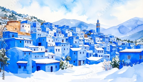 A picturesque winter scene of a blue-hued town nestled in a snowy mountain landscape.