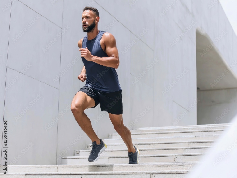 Fototapeta premium A bearded man in athletic wear runs up concrete stairs in sunlight