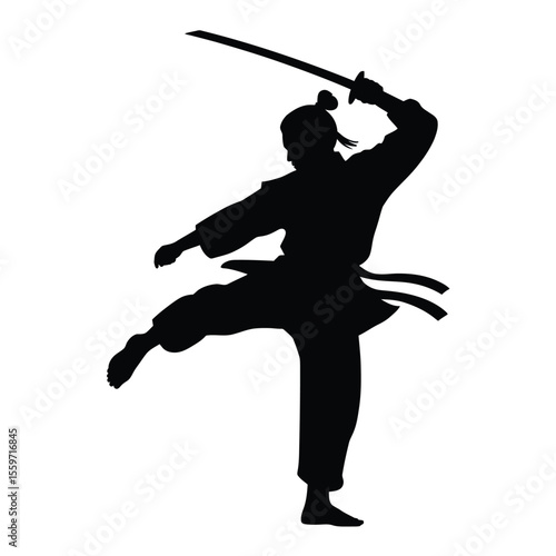 Silhouette of a Samurai Warrior in Action with Katana Sword