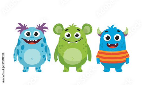 A vibrant collection of three cute and friendly cartoon monster characters, each with unique colors and features.

