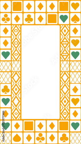 A playful border design featuring stylized playing card suits and geometric patterns in orange and green on a white background