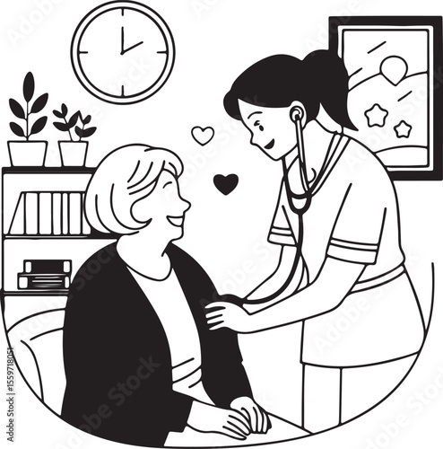 Nurse checking elderly woman blood pressure with stethoscope isolated on transparent background