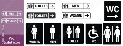 Toilet line icon set. WC sign. Men, women, mother with baby and handicap symbol. Restroom for male, female, transgender, disabled. Vector graphics
