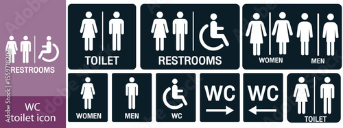 Toilet line icon set. WC sign. Men, women, mother with baby and handicap symbol. Restroom for male, female, transgender, disabled. Vector graphics