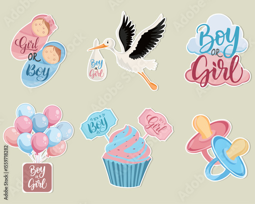 Cute gender reveal sticker Boy or girl Pink or blue Baby illustrations