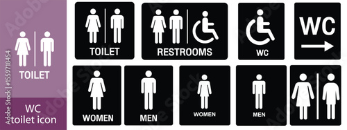 Toilet line icon set. WC sign. Men, women, mother with baby and handicap symbol. Restroom for male, female, transgender, disabled. Vector graphics