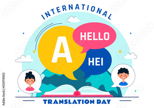 International Translator or Translation Language Day Illustration with Hello Greetings from Different Countries and Multilingual Global Communication
