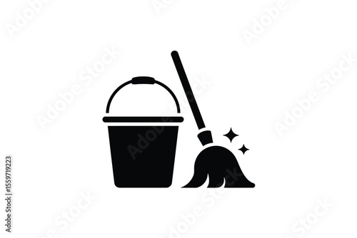 Cleaning Supplies Mop and Bucket Icon Black white