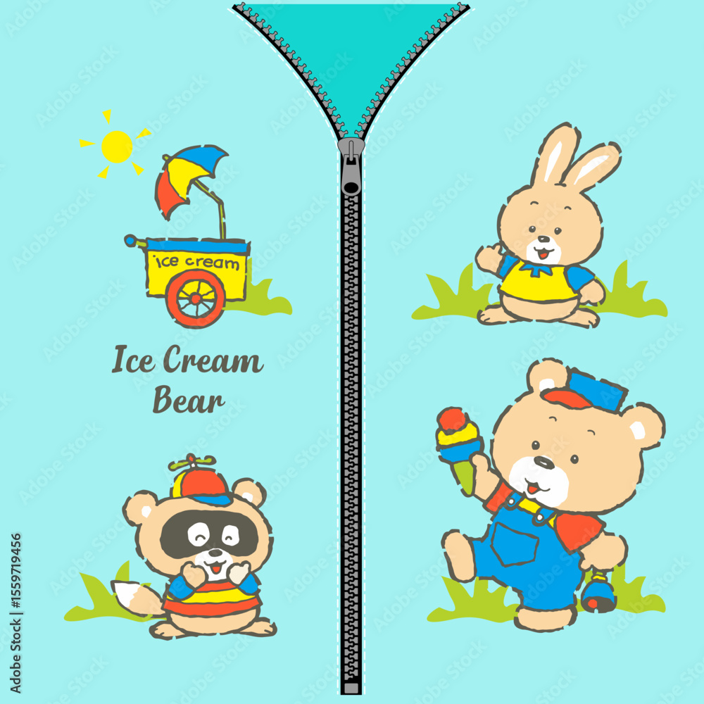 Fototapeta premium cute animals eating ice cream , Animal Cartoon, Flat Vector Illustration