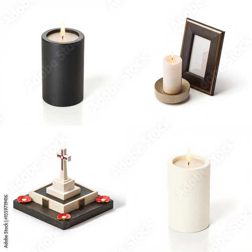 Decorative candles and memorial cross representing Remembrance Day,  isolated on white