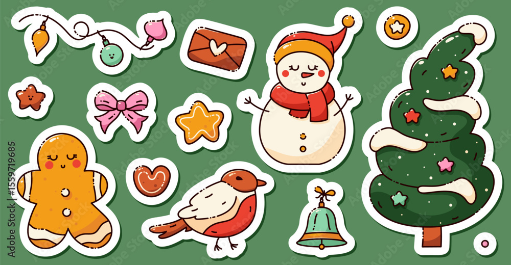 Obraz premium A set of stickers on a Christmas theme. Includes a cute snowman, xmas tree, bird, star, cookie, bell, envelope with a heart drawing in bright color.