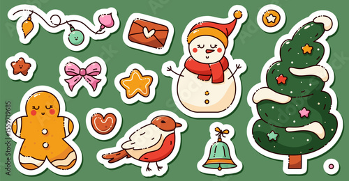 A set of stickers on a Christmas theme. Includes a cute snowman, xmas tree, bird, star, cookie, bell, envelope with a heart drawing in bright color.