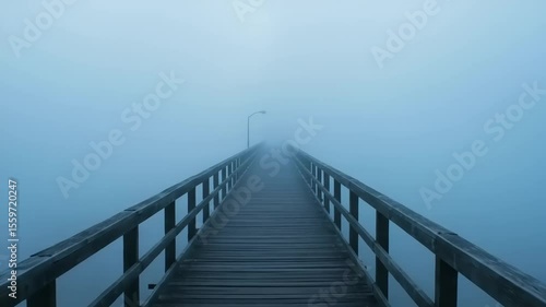 Wooden pier extending into a thick fog