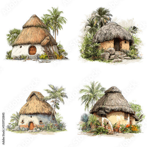 Ancient Central American huts with conical thatched roofs and adobe walls, surrounded by tropical plants, illustrated in an earthy and cultural style.

