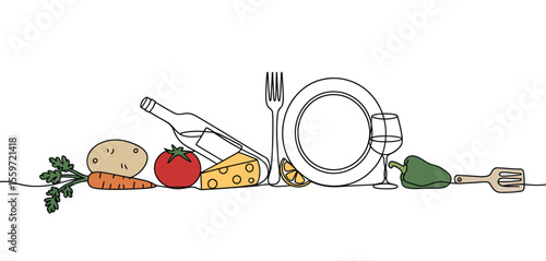 One Line Drawing of Food and Utensils
