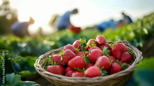 A basket of freshly picked strawberries in a field, with people harvesting in the background during a sunny day.