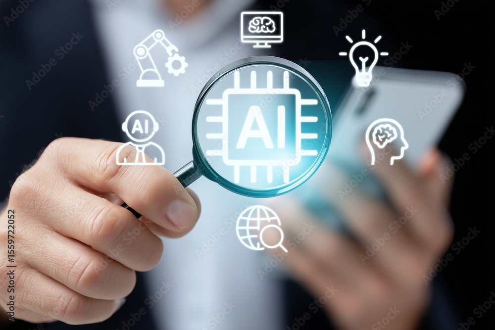 AI assistant technology, Businessman holding magnifying glass over AI chip icon, representing artificial intelligence analysis. Futuristic digital interface and technology concept. generative ai AI assistant technology, Businessman holding magnifying glass over AI chip icon, representing artificial intelligence analysis. Futuristic digital interface and technology concept. generative ai