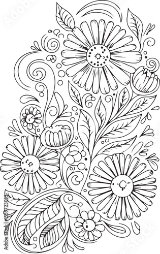 Wallpaper Mural detailed line art illustration of a vertical floral arrangement with five large daisy-like flowers, swirling vines, leaves, and small buds in monochrome Torontodigital.ca