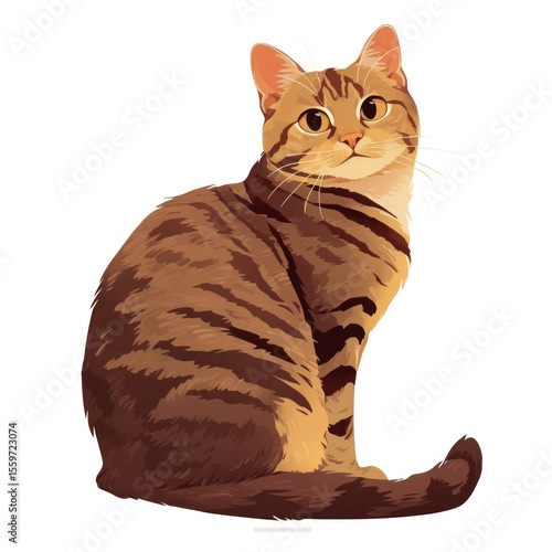 A tabby cat is seated gazing forward with golden eyes and a neutral expression its tail curled