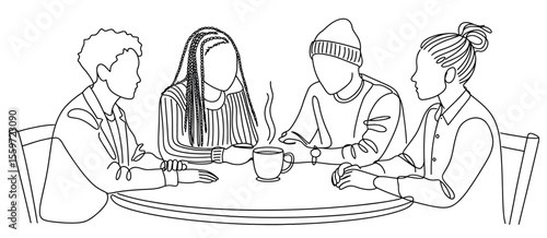 Friends Having Coffee in Cafe One Line Drawing
