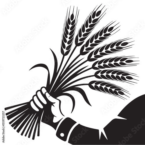 Graphic Depiction of a Hand Clutching Wheat Sheaves Symbolic of Labor Agriculture and Food Security in Monochrome High Contrast Illustration
