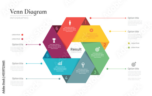Venn diagram business infographic circle chart template 6 steps options, presentation with venn diagram elements vector illustration.