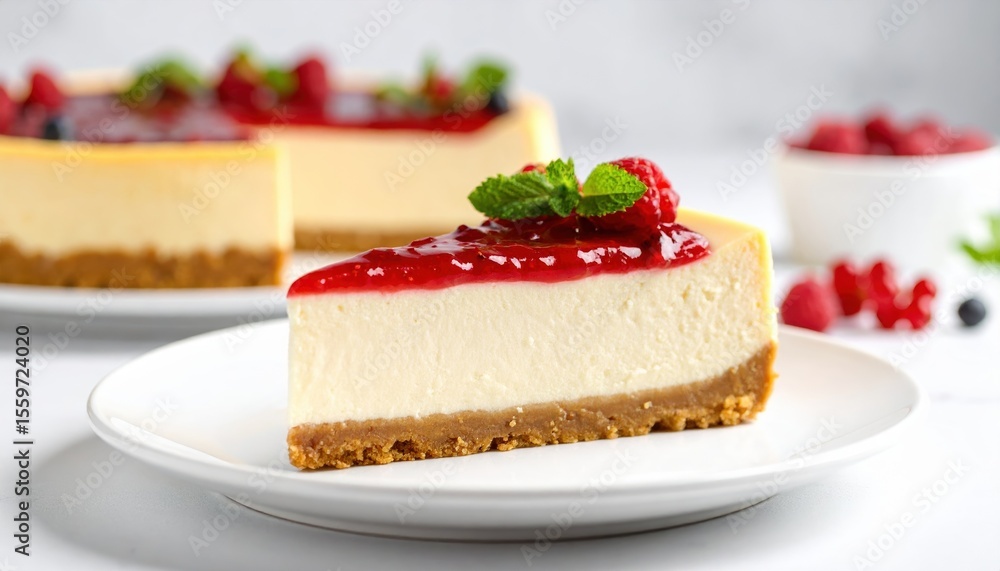 Slice of cheesecake with red berry topping and mint leaves on white plate whole cake in background Slice of cheesecake with red berry topping and mint leaves on white plate whole cake in background