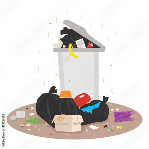 Vector illustration of an overflowing garbage bin with trash bags, food waste, and litter scattered on the ground. Concept of pollution, waste management, and environmental problems. Flat design.