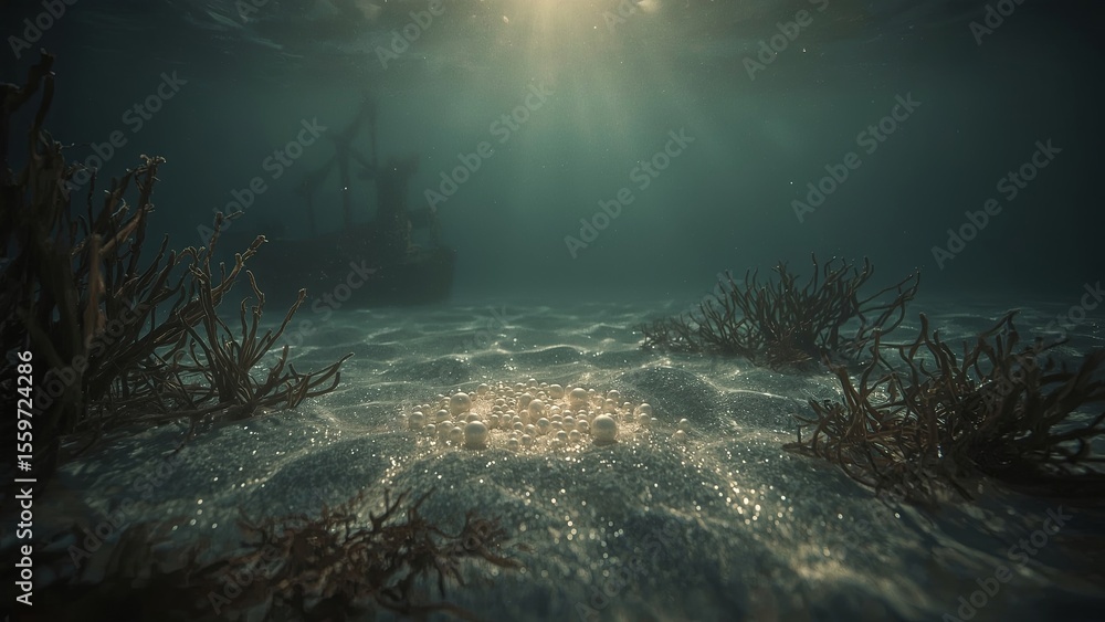 Obraz premium A radiant pearl resting inside an open shell at the bottom of the ocean, surrounded by soft sand and gentle blue light, symbolizing hidden beauty, natural treasures, and underwater serenity