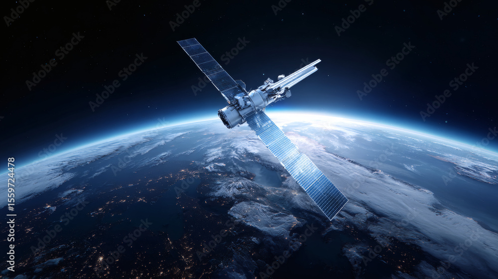 A satellite orbits Earth, showcasing the planet's curvature and atmosphere against a starry backdrop in space. A satellite orbits Earth, showcasing the planet's curvature and atmosphere against a starry backdrop in space.