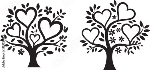 love trees with heart-shaped leaves and small flowers, featuring sturdy trunks and branches, in monochrome outline style