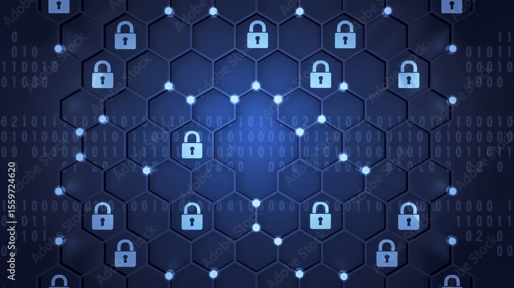 Naklejka premium Blue background with hexagons connected by lines and padlocks for security concept design