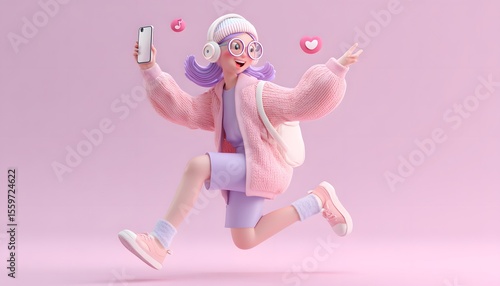 3D Character of young woman listen to music